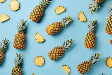 Fototapeta premium Flat layout pattern of pineapples on a pastel blue background.