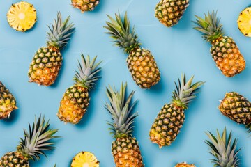 Flat layout pattern of pineapples on a pastel blue background.