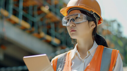 A female construction worker wearing a hard hat, safety goggles, and an orange safety vest, holding a tablet. She is standing at a construction site with scaffolding in the background. - Powered by Adobe