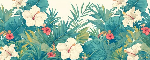 Tropical foliage background featuring white hibiscus flowers and lush green palm leaves