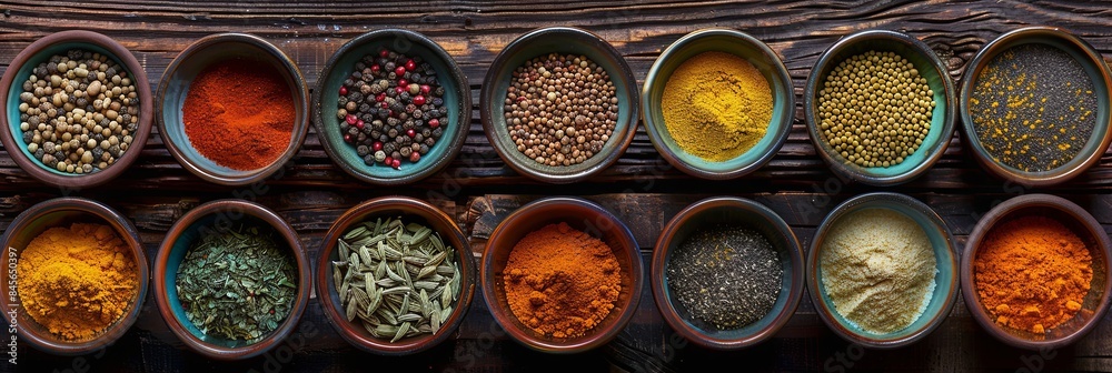 Poster an overhead view of various colorful spices in beautiful ceramic bowls, arranged on a rustic wooden 