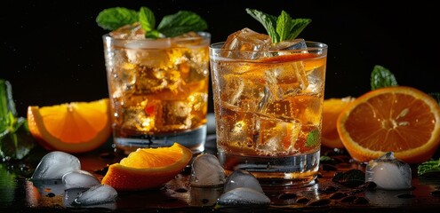 Three Glasses of Orange Juice With Ice and Mint on a Black Surface