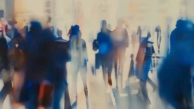A colorful, blurred artwork depicts people of mixed nationalities walking in an urban setting during daylight. The indistinct figures suggest motion and diversity, evoking a dynamic city atmosphere.
