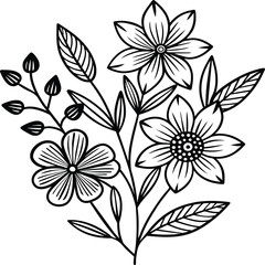 Hand drawn simple Floral flowers line art flat design outline, ornaments set. Doodle outline plant. Drawings element silhouette on white background