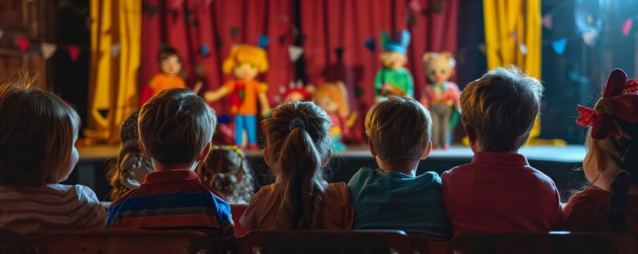 Kids enjoying a puppet show for National Puppetry Day, colorful puppets and laughter, 4K hyperrealistic photo.