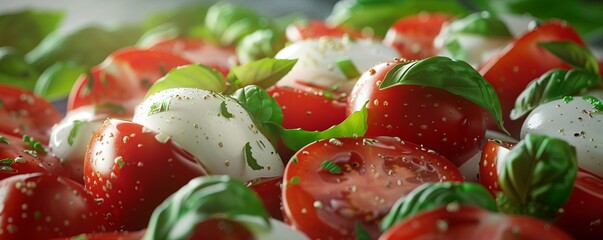 Fresh and vibrant caprese salad with ripe tomatoes and mozzarella, 4K hyperrealistic photo