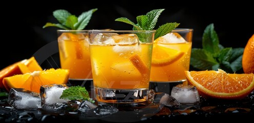Three Glasses of Orange Juice With Ice and Mint on a Black Surface