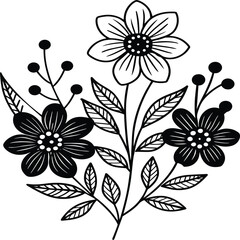 Hand drawn simple Floral flowers line art flat design outline, ornaments set. Doodle outline plant. Drawings element silhouette on white background