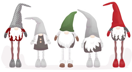 Set of cute scandinavian christmas gnomes isolated on white background. Vector illustration, flat style.