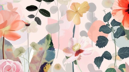 A detailed botanical illustration featuring diverse flowers and leaves in pastel colors against a soft background