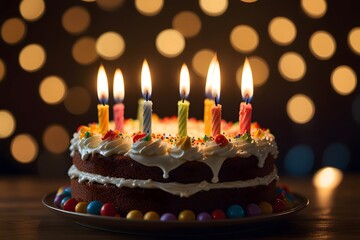 A photo of a birthday cake with candles lit, creating a warm, festive bokeh effect.