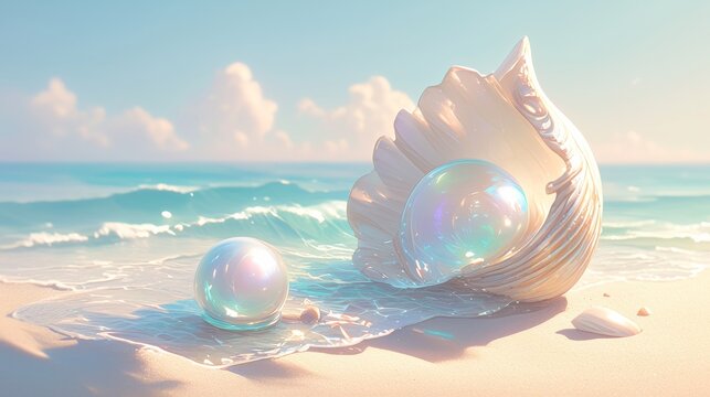 Large iridescent pearl is resting on the seashore inside an open clam shell