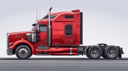 A red semi truck is parked on the side of the road