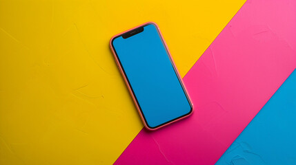 A smartphone with a blue screen and red frame placed on a vibrant, colorful background with yellow, pink, and blue sections. - Powered by Adobe
