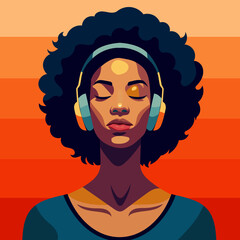 A black-skinned woman listens to music with joy while wearing headphones.