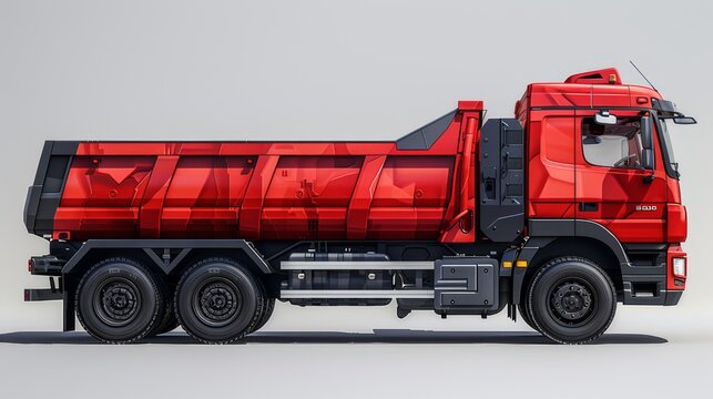 A red dump truck with a black and white design on the side