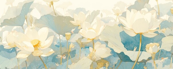 Fairies flying over blooming white lotus flowers in spring season