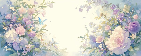 Romantic illustration of a beautiful garden with roses and a blue butterfly