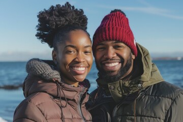 Portrait of a happy afro-american couple in their 30s dressed in a water-resistant gilet isolated on calm bay background