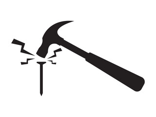 Hammer Hitting Nail Icon. Modern claw hammer with weighted metal head vector illustration,
