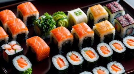 An exquisite assortment of sushi rolls, artfully arranged on a dark platter. The selection includes various types of sushi such as salmon nigiri, maki rolls with fresh salmon, and intricate vegetable 