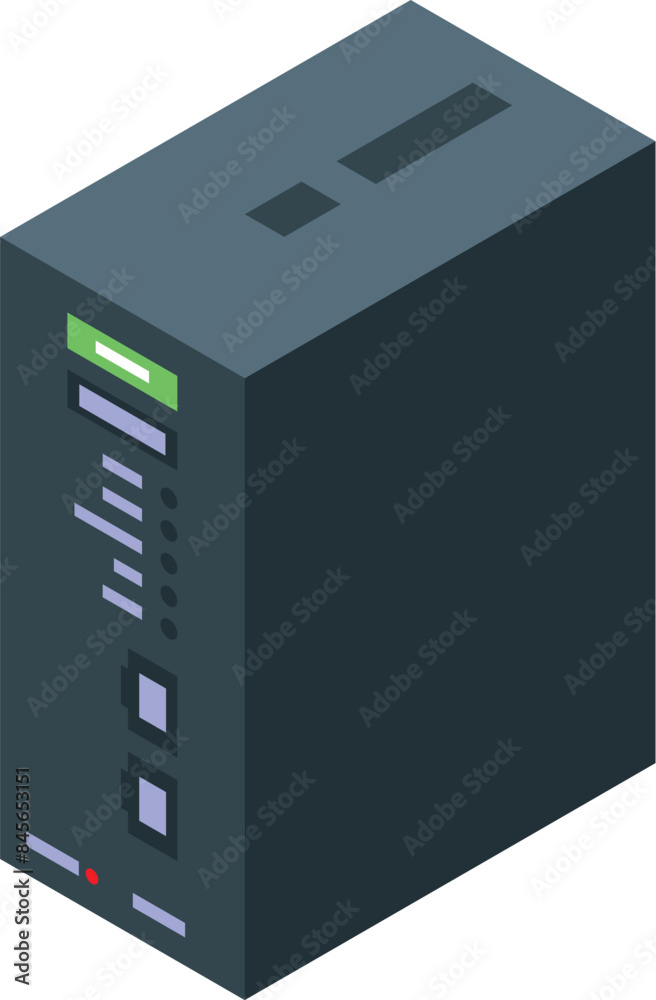 Poster black server unit is standing and processing data with a green light indicating it's on