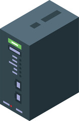 Black server unit is standing and processing data with a green light indicating it's on