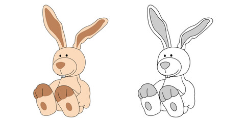 Fototapeta premium Cute cartoon rabbit toy with long ears sittingA charming, simple illustration of a plush bunny toy, presented in both color and outline versions, perfect for children's themes