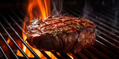 Beef steak grill barbecue strip eye fresh smokek fire meat background view