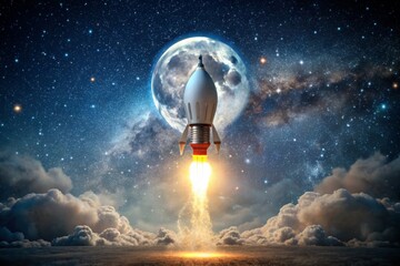 An image of a light bulb rocket launching into a starry night sky, with bright stars and the moon in the background, symbolizing limitless potential and out-of-this-world ideas.