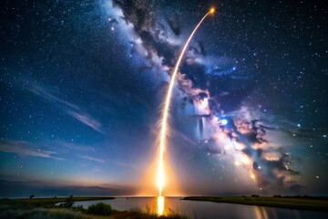  A photo of a light rocket launching amidst a meteor shower, with streaks of light from meteors enhancing the dynamic scene