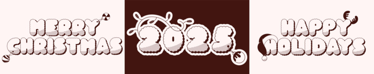 Bicolor Merry Christmas groovy funny set of stickers 2025.