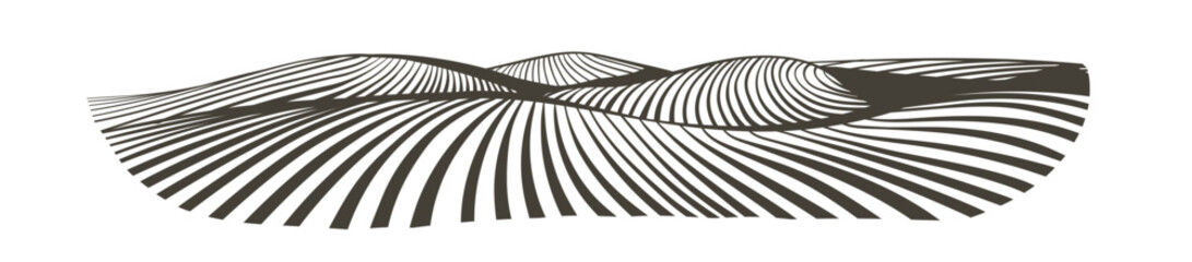 Farm field landscape on small hills. Furrows pattern in a plowed prepared for crops planting. Rows of soil, rural countryside perspective horizon view. Vector engraving sketch illustration.