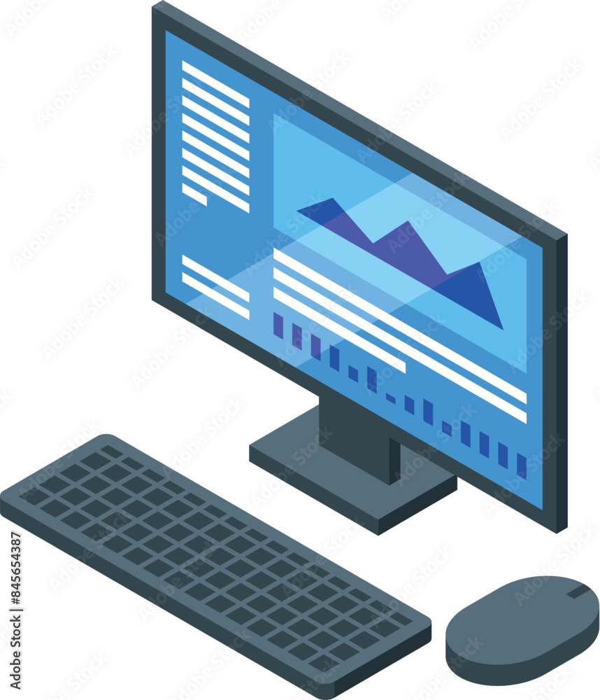 Poster desktop computer showing statistical data on its monitor, accompanied by a keyboard and mouse, sugge