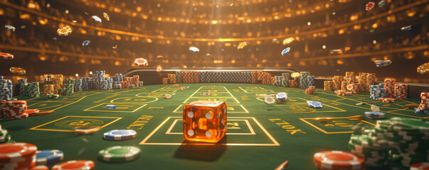 Orange dice rolling on green felt craps table surrounded by stacks of gambling chips