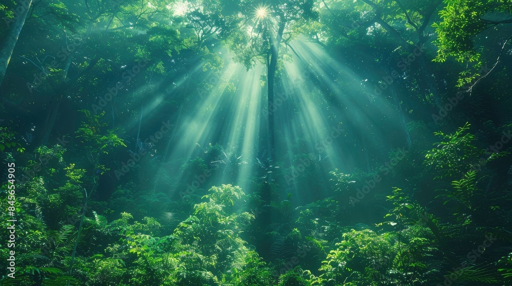 Wall mural image of a dense forest with sunlight filtering through the trees, representing natural carbon sinks - Wall murals