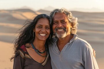 Portrait of a grinning indian couple in their 40s showing off a thermal merino wool top in front of serene dune landscape background