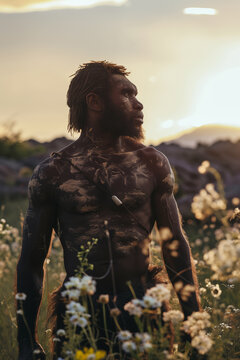 Portrait d'un Homo erectus debout regardant vers la gauche