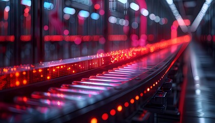 Data-Driven Efficiency, A conveyor belt system with data visualizations overlaid, big data analysis drives efficiency