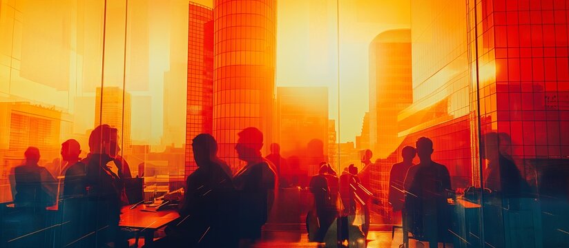 Silhouettes of people in a modern urban office setting during sunset. Ideal for business, corporate, and urban lifestyle content. Generated AI
