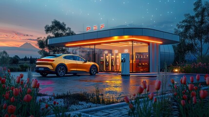 Obraz premium Image of a hydrogen fuel cell car being refueled at a station