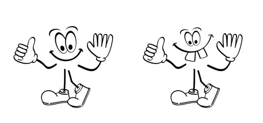 Happy groovy stickman or stick figures man. Comics types, cartoon mascot boot, shoe, foot and arm positions. Arms, hand, legs and boots clipart expressions. Human, animation character body parts.