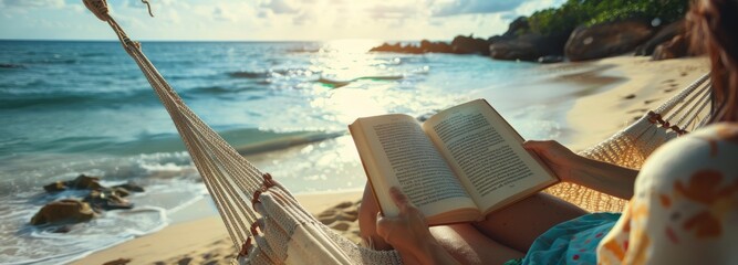 Woman Relaxing in Hammock on Beach Reading Book at Sunset