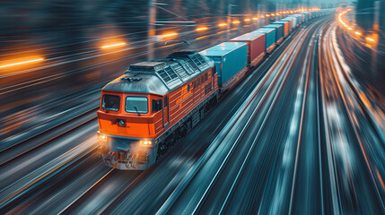 Freight train moving at high speed, suitable for transportation and logistics content. Generated AI