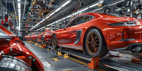 Fototapeta premium A high-tech automotive assembly line featuring red cars in various stages of manufacturing, highlighting modern industrial processes, precision engineering, and the future of automobile production.