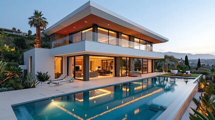 Obraz premium Modern Big Villa with Infinity Pool and Scenic View at Sunset