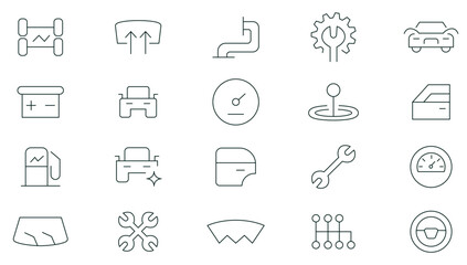 Auto service, car repair icon set. Car servicing and garage. repair, maintenance, inspection, parts, units, elements line icon pack. Thin outline icons vector