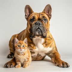 Obraz premium Portrait of Happy bulldog and orange tabby cat looking into studio camera together isolated on white background, veterinarian doctor office showing pets as friends. 