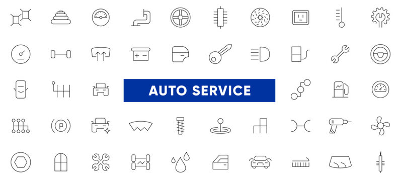 Auto service, car repair icon set. Car servicing and garage. repair, maintenance, inspection, parts, units, elements line icon pack. Thin outline icons vector