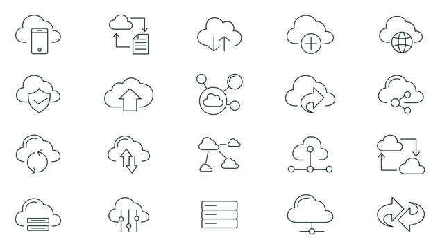 Cloud Computing line icons set. Cloud, cloud services, server, cyber security, digital transformation, computing, server, database, technology, networking, data and internet outline icons collection.